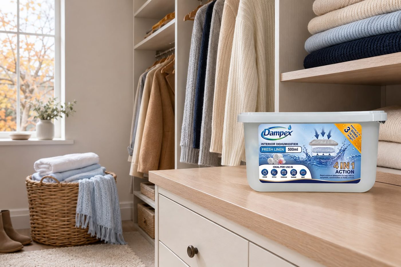 A Dampex tub on a wardrobe shelf, keeping stored clothes free of damp and musty odours